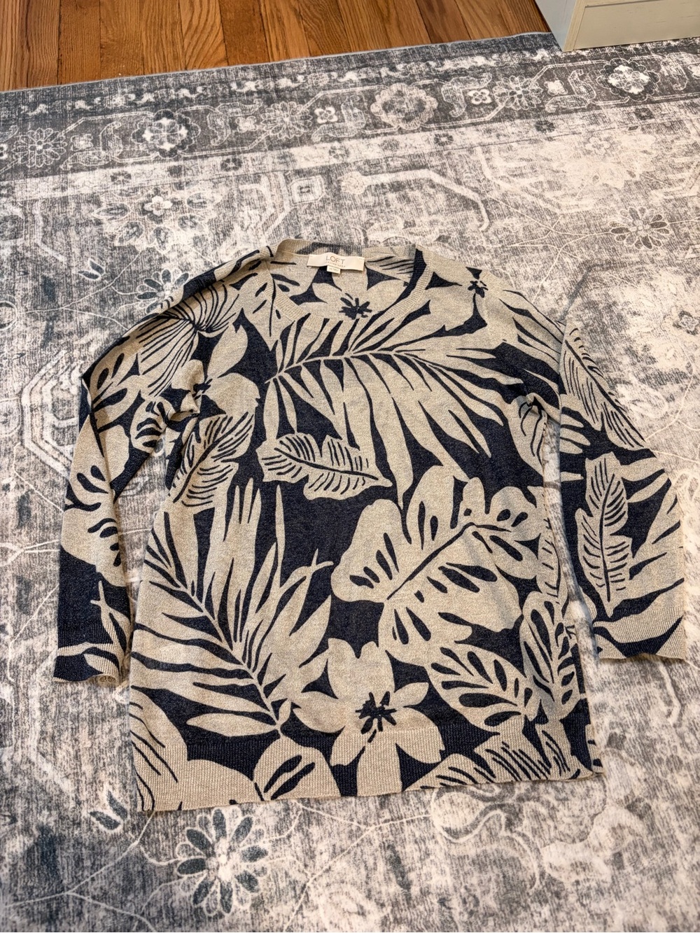 LOFT Italian yarn Beige and Navy Tropical-Print Crewneck Sweater